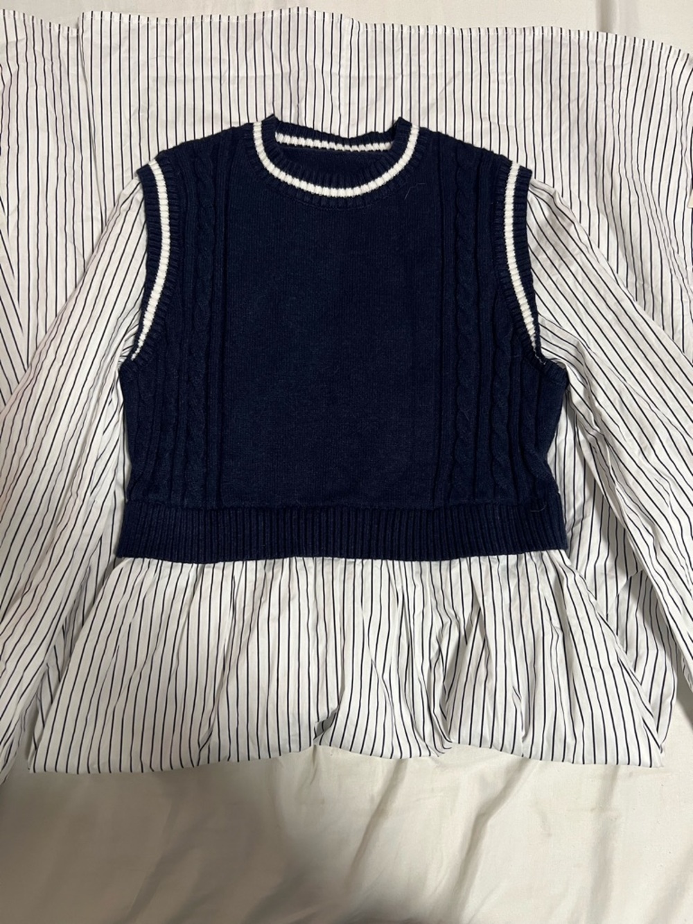 NWT Commence Striped Dress with Navy Cable Knit Vest